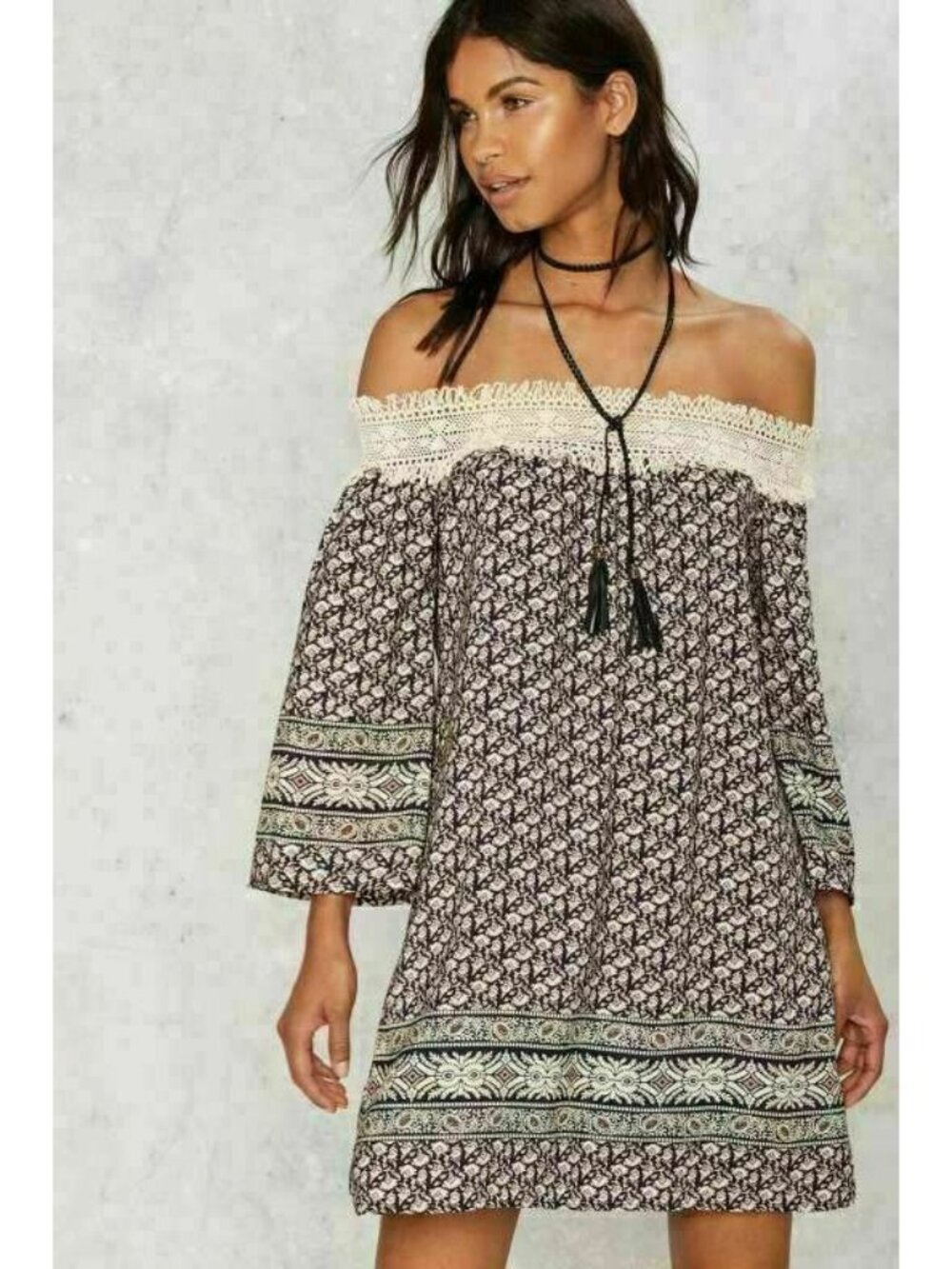 Nasty Gal Sage Beige Printed Amal Off the shoulder dress Size S